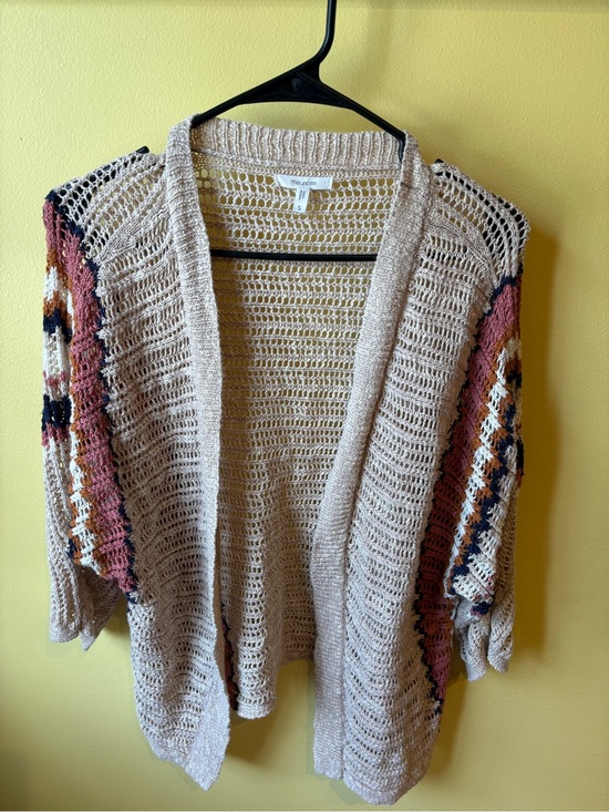 Maurices Sweaters - Maurices Cream Open-Knit Cardigan with Rust and Navy Patterned Sleeves